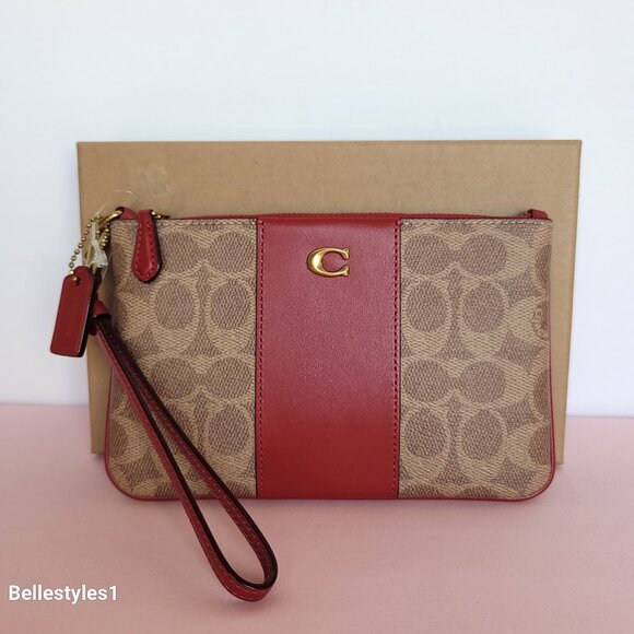 COACH Boxed Small Wristlet in Signature Canvas & Smooth Leather-Tan/Ruby color⭐ - Picture 2 of 16